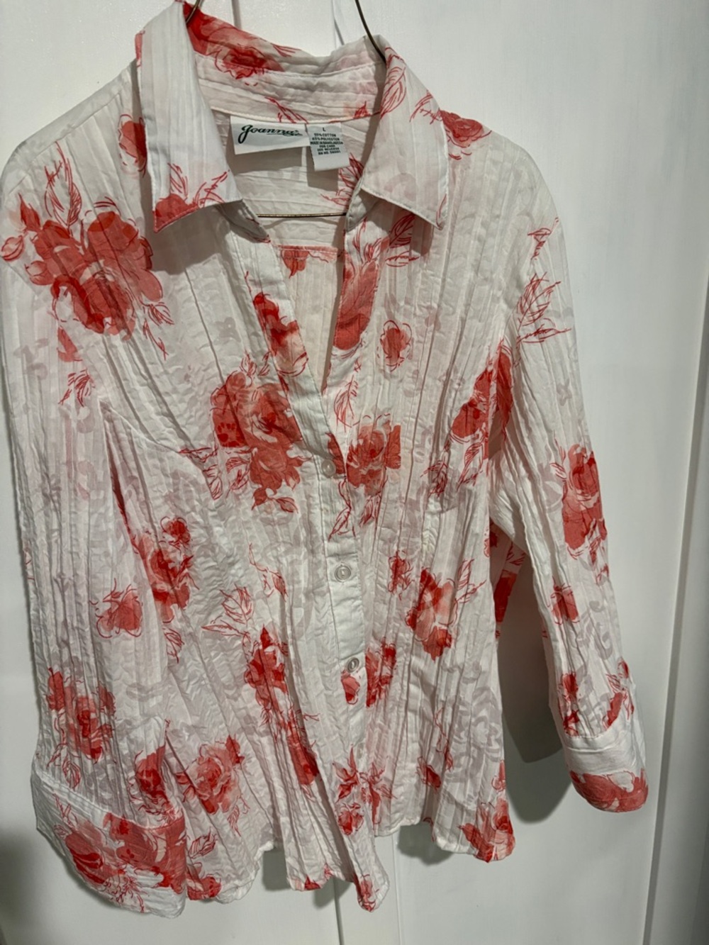 Joanna White Button-Down Shirt with Red Floral Print